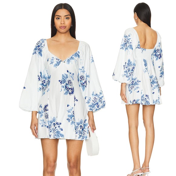Free People Francesca Mini Dress Size Medium Floral Blue Bubble Boho Milkmaid - Picture 1 of 16